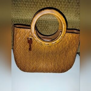Fossil (Size M) Bamboo Style Weave Double Wood Handle with Fossil Key Tote Bag